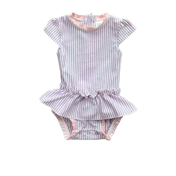 RuffleButts Lilac Seersucker Skirted Swimsuit - Picture 1 of 9